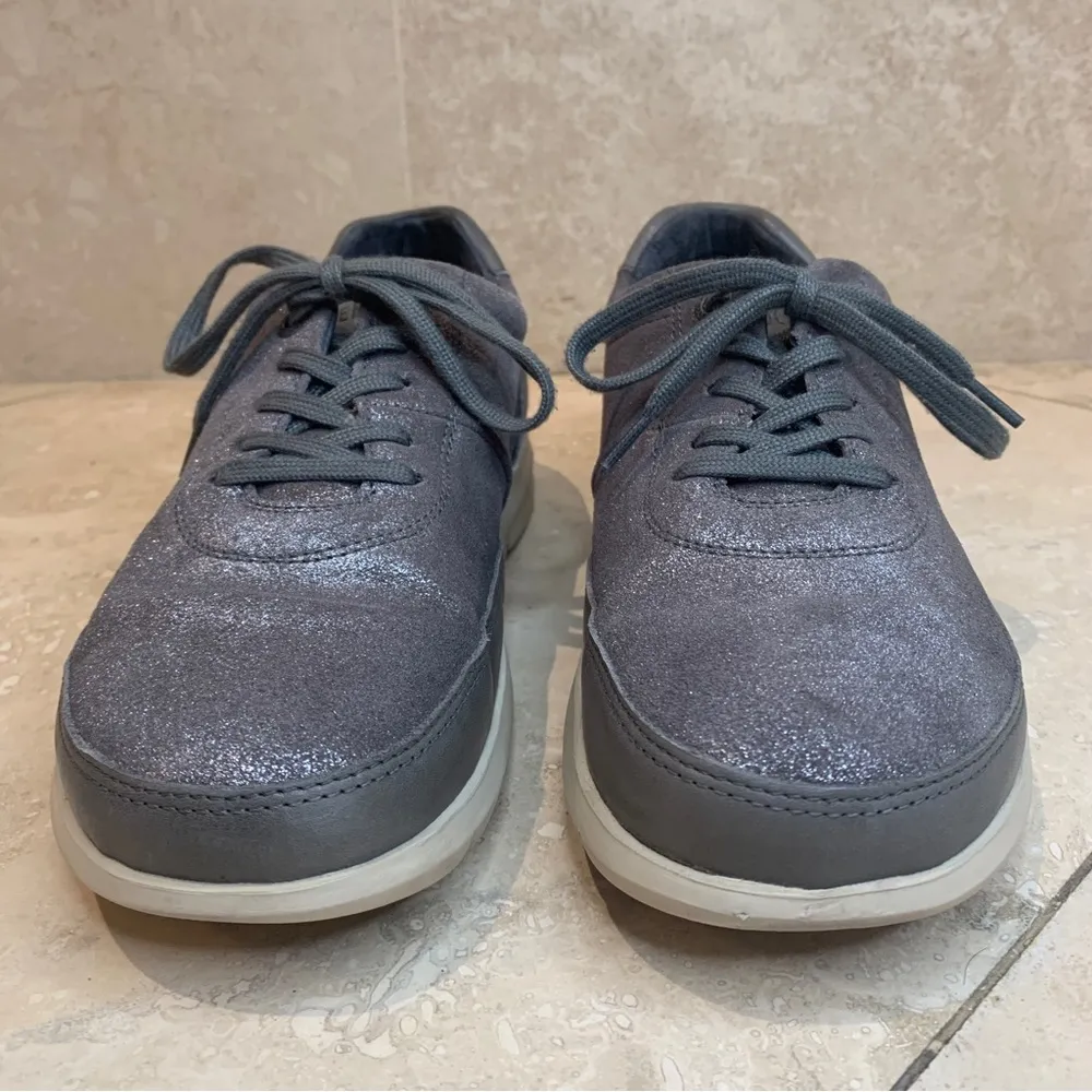 Birkenstock Silver Shimmer Leather Lace Up Sneaker Size 38 - Image 3