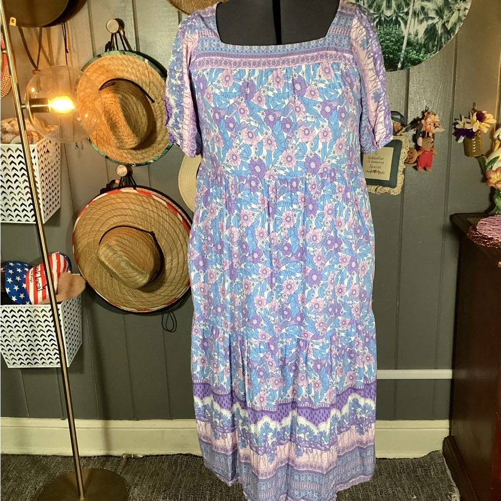 THML Purple Pink Square Neck Tropical Flamingo Floral Midi Dress Large - Image 13