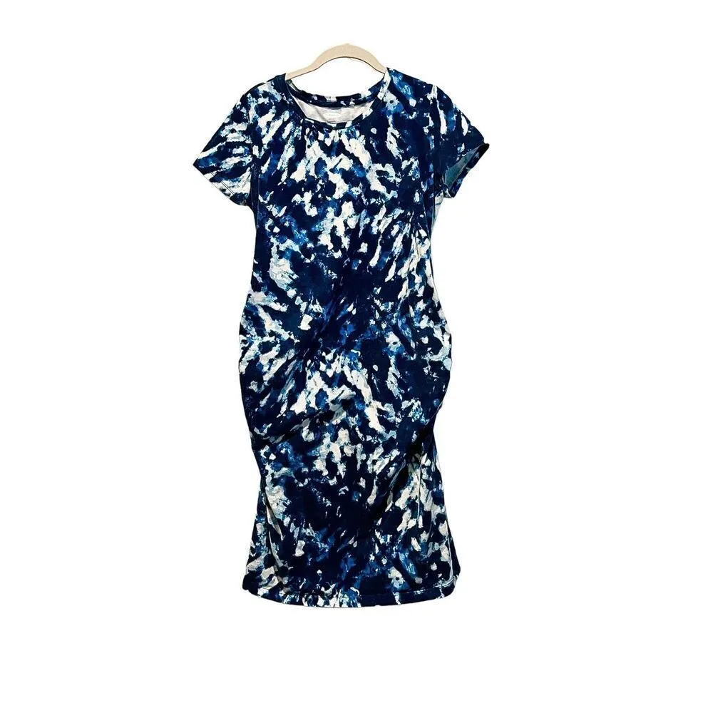 Old Navy‎ Maternity Fitted Ruched Blue Tie-Dye Jersey Knit Dress LARGE Casual - Image 6