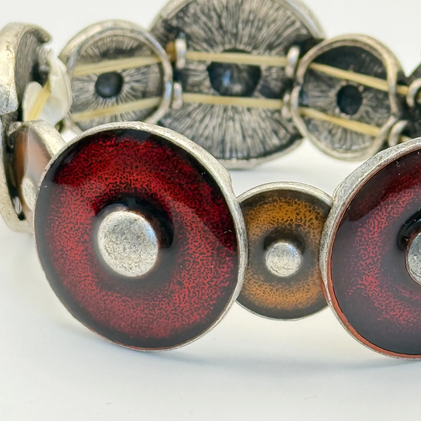 Silver Tone Red Brown Enamel‎ Geometric Stretch Bracelet Womens Jewelry - Image 2