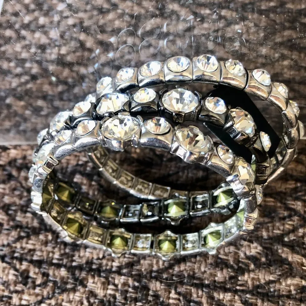 Cache 3 Lot Bundle silver tone stretch bracelets multi size faceted crystals NWT - Image 2