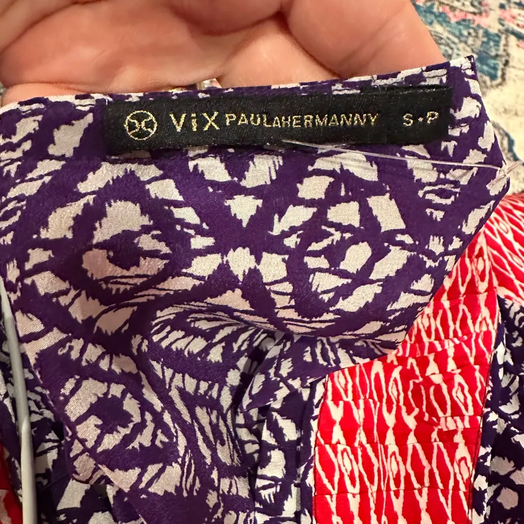 ViX Paula Hermanny Tunic Top Red Purple silk v-neck 3/4 bell sleeve - Image 5