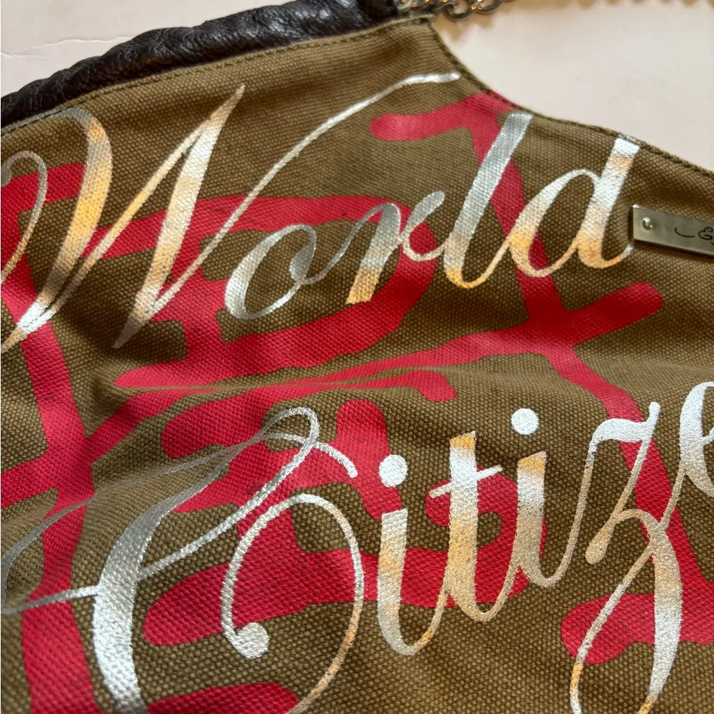 ED HARDY BLACK AND KHAKI CANVAS HAND BAG WITH CHAIN HANDLES AND GRAPHIC DESIGN - Image 6