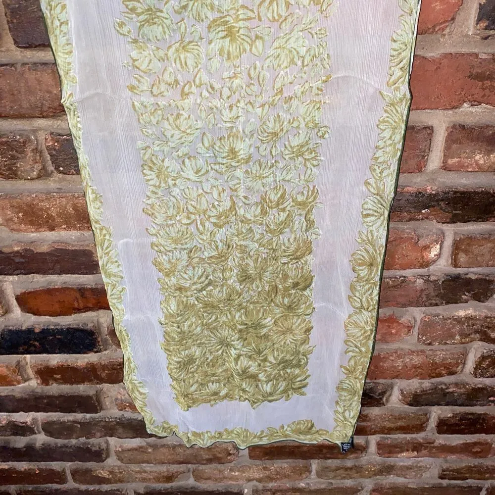 Cravenette Vintage 100% Silk Water Repellent White Green Floral Rectangle Scarf - Image 3
