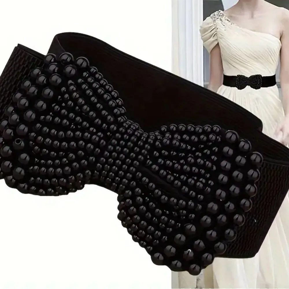Black Faux Pearl Bowknot Wide Belt Elegant Solid Color Elastic Waistband Classic - Image 2