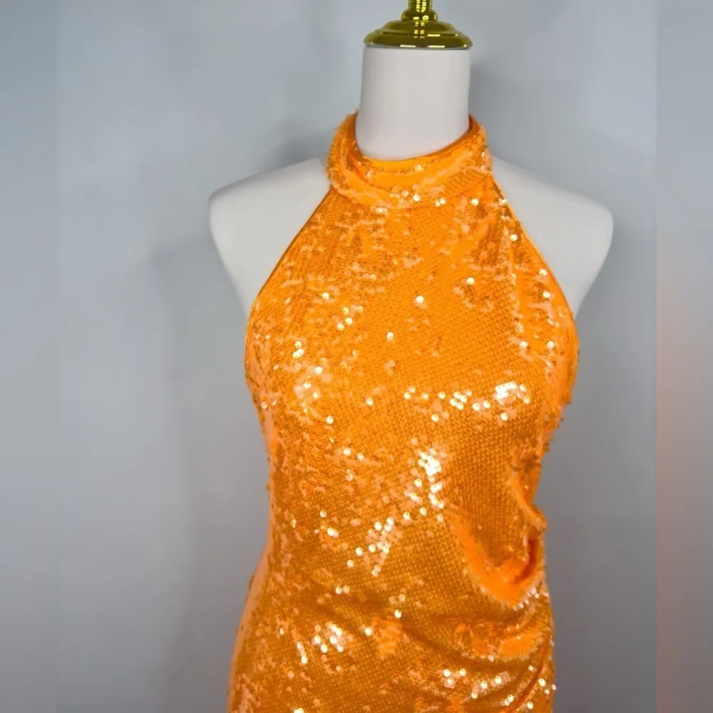 NEW Caroline Constas Bright Orange High Neck Sequin Midi Dress Size Medium - Image 4