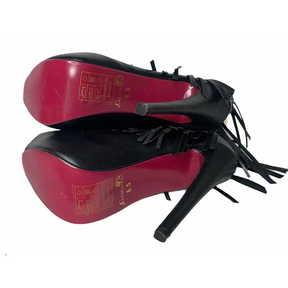 Womens Cleopatra Black Faux Leather Fringe Peep Toe Booties Heels Zippers Sz 6.5 - Image 11