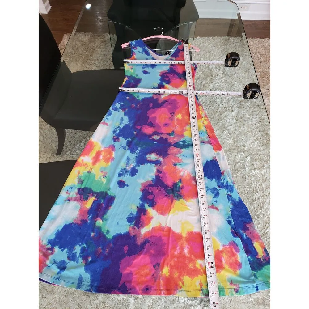 Love University Long Maxi Dress Womens M Multi Tie Dye Stretch Sleeveless V Neck Blue Size M - Image 8