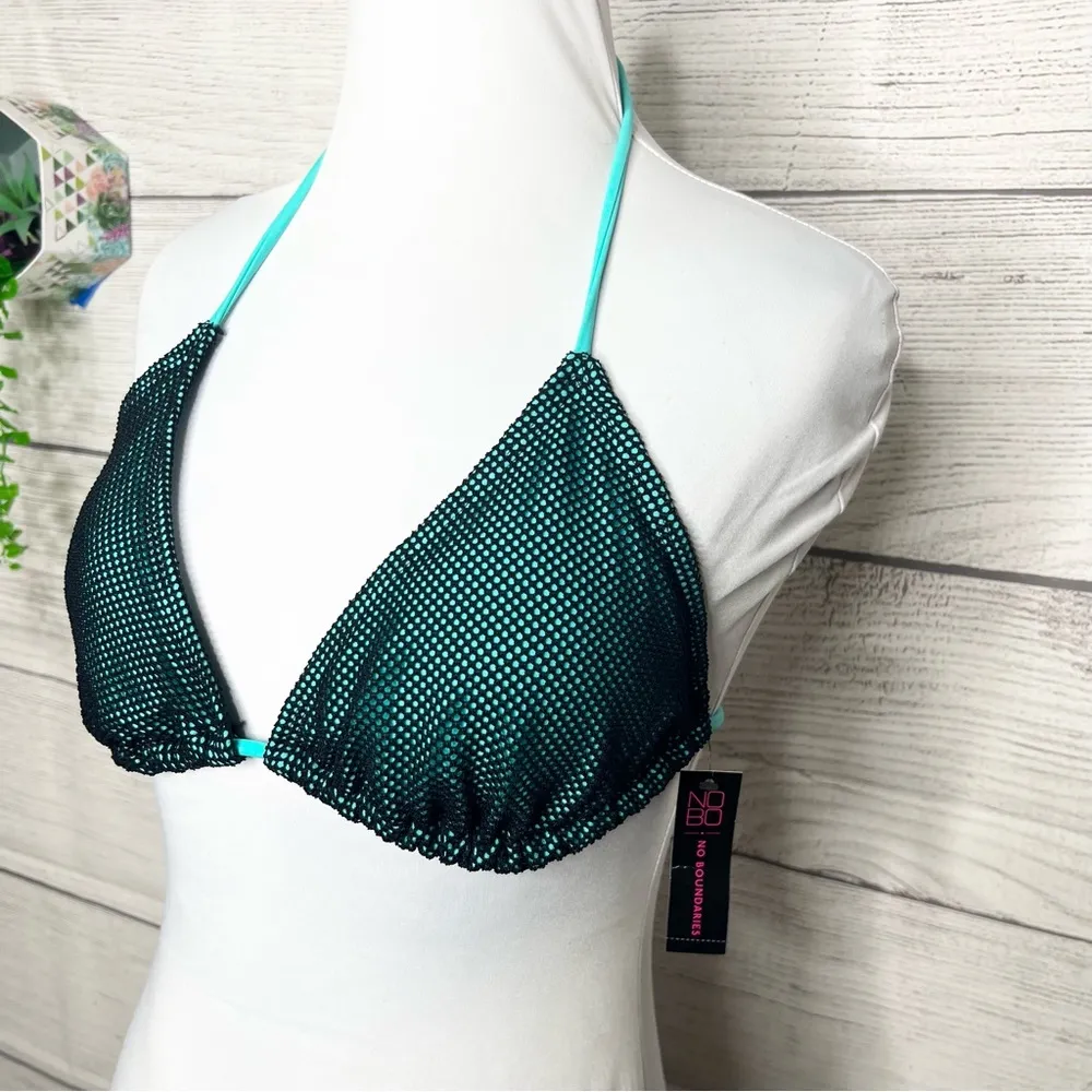 NWT Aqua Blue & Black Fishnet Bikini Top Size Large - Image 4