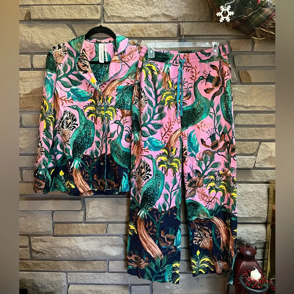 Anthropologie Raphael Balme Peacock Flannel Sleep Pants & Shirt Top XS S Pink - Image 13
