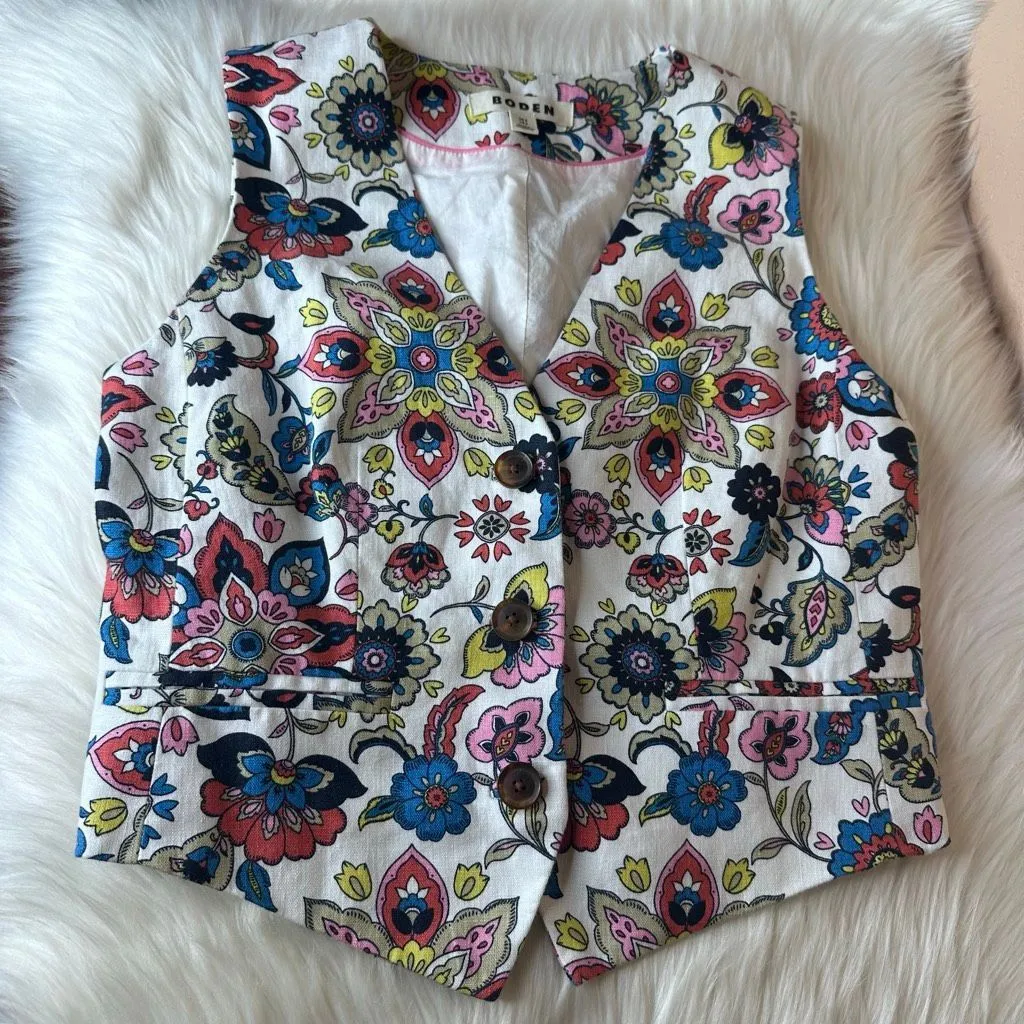 BODEN Tailored Linen Waistcoat Floral Vest Size 2 White - Image 10