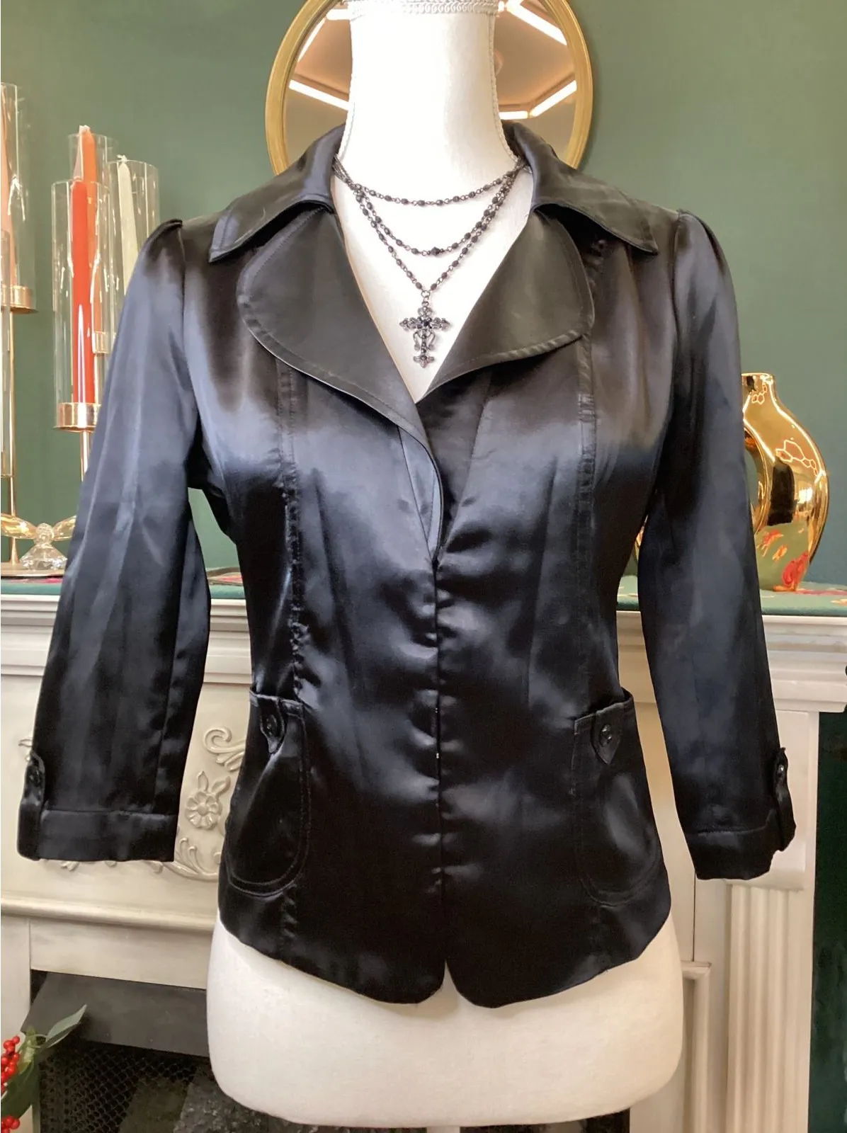 G by Guess Black Satin Cropped Blazer Jacket Hook Closure 3/4 Sleeve Juniors M - Image 1