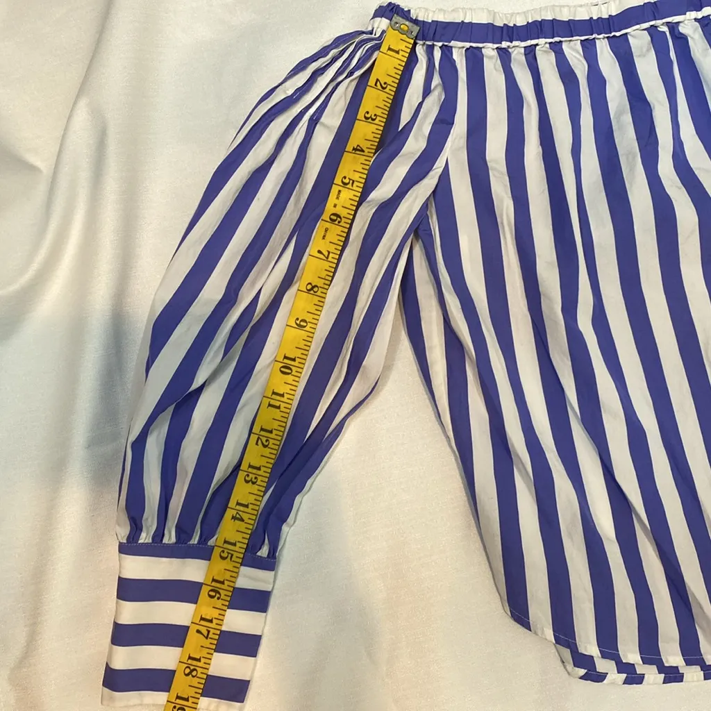 88 Thomas Mason X J. Crew Off Shoulder Stripes Blue Blouse Cottagecore Romantic - Image 11