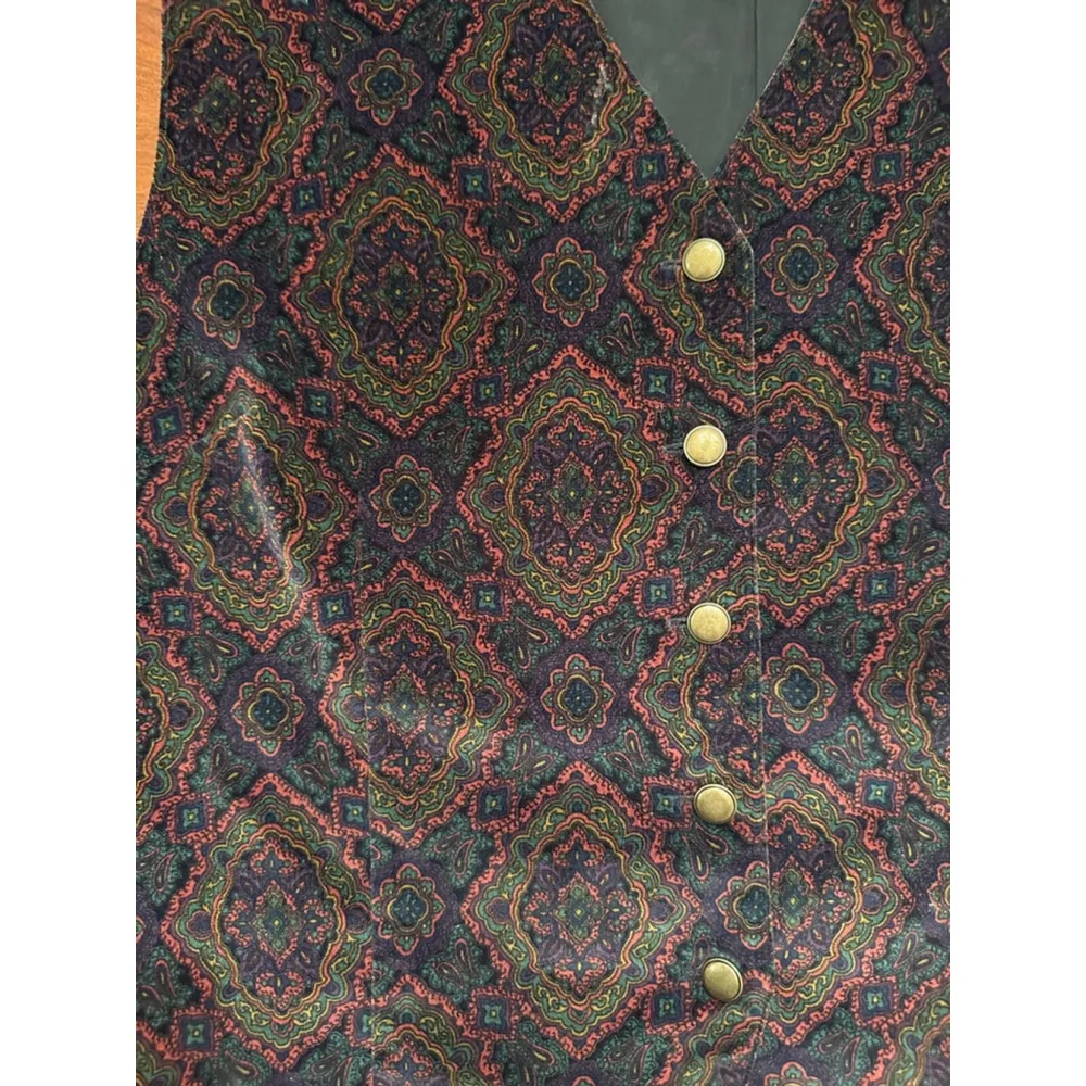 VINTAGE Talbots XL (runs small) Paisley Velvet Vest with Gold Brass Buttons - Image 15