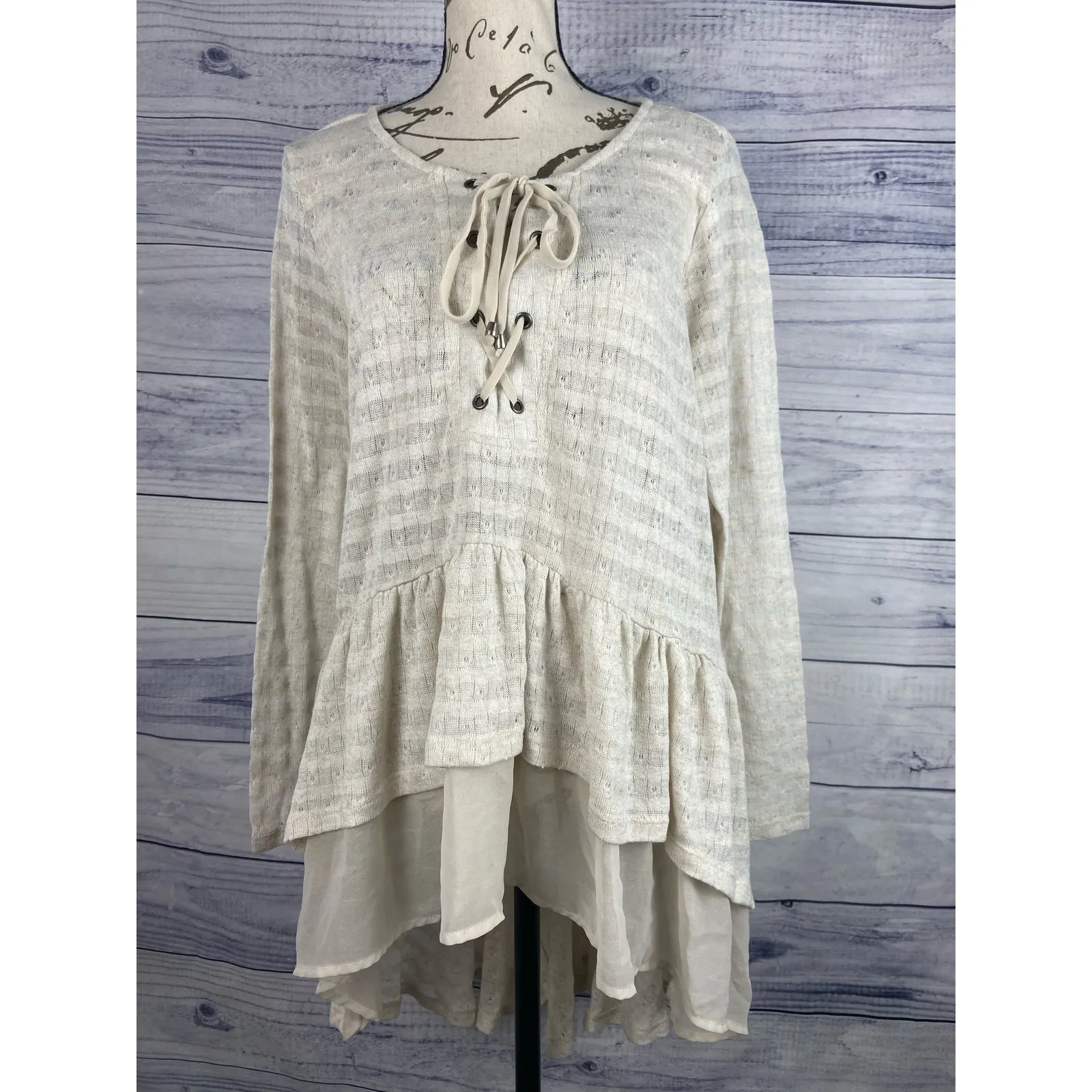 Maurices Lace Up Ruffle Tunic Duster Top Womens 0 US XS Pointelle Knit Long Slv - Image 2