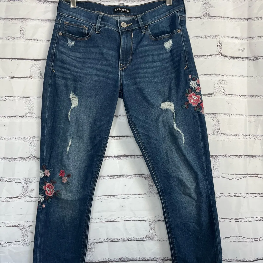 Express Slim Legging Jeans Mid Rise Dark Wash Floral Embroidered Women’s 6 Y2K - Image 6