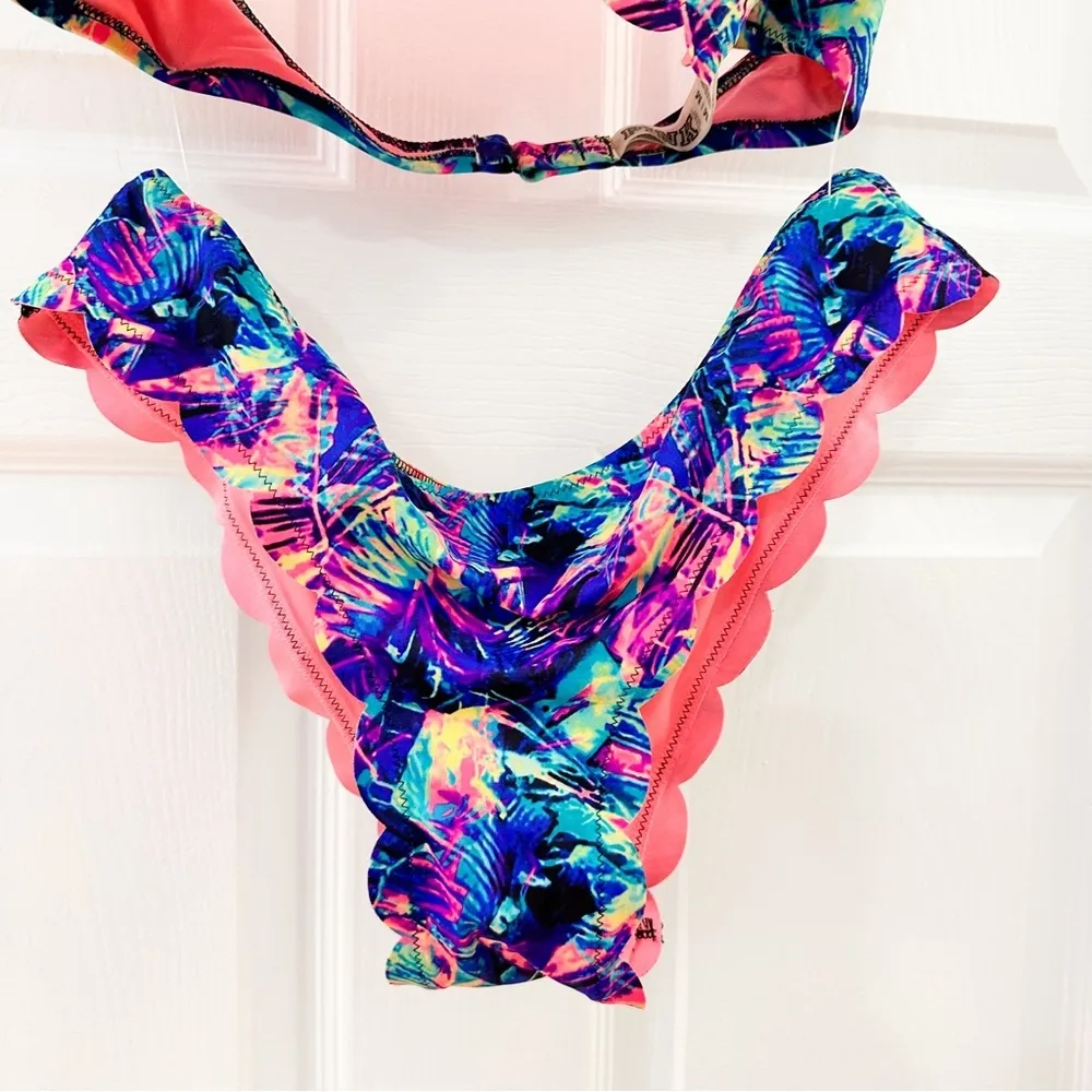 Victoria’s Secret PINK 2pc Blue Pink Tropical Print Scalloped Bikini sz Med - Image 5