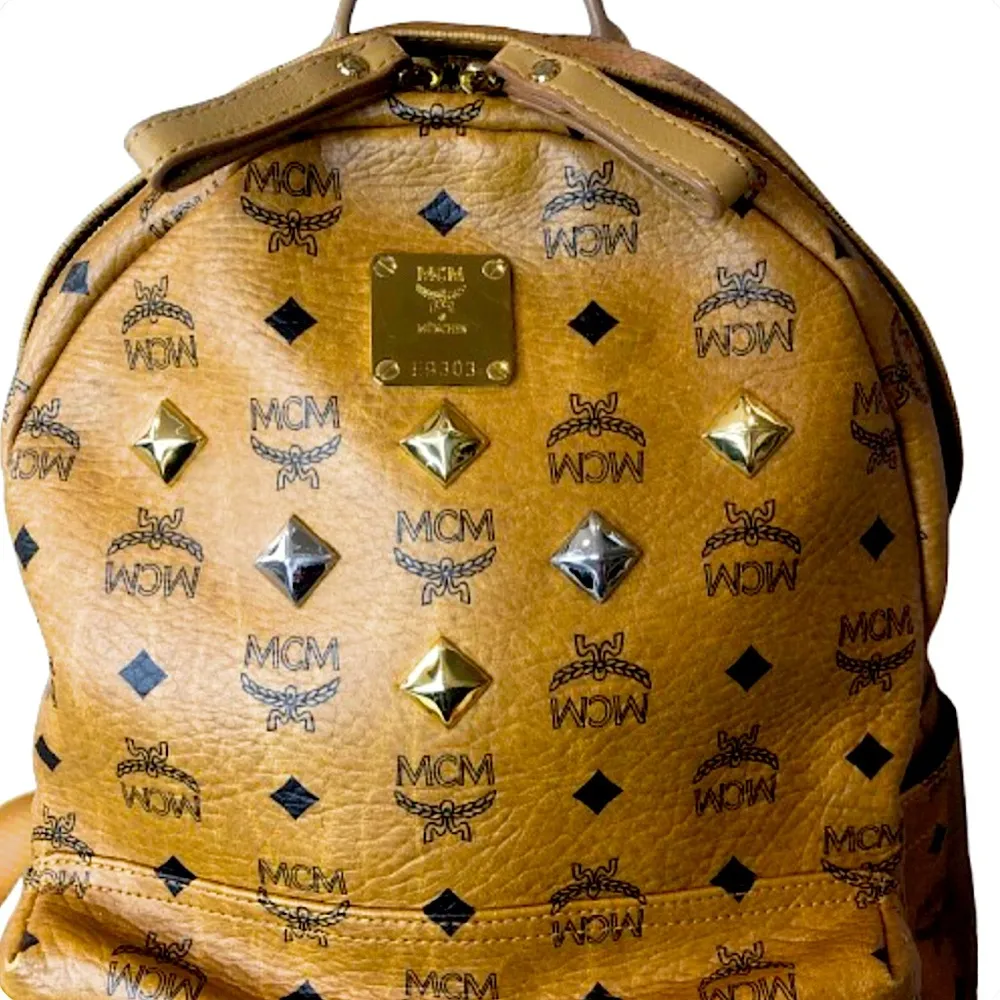 MCM Cognac Visetos Logo Metallic Embellished Full Size Unisex Backpack Book Bag - Image 4