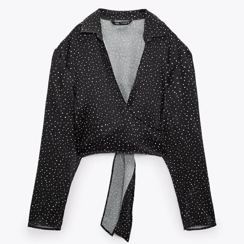 NWT ZARA Black White Polka Dot Satin Tie Front Bow Detail Blouse Bloggers Fave - Image 2