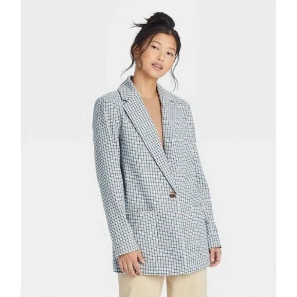 A New Day  Oversized Plaid One Button Blazer Size S Pocket Blue Gray Academia - Image 2