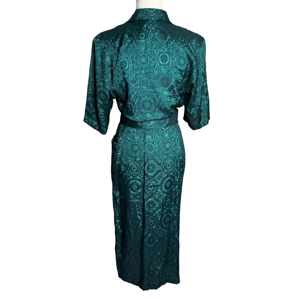 Vintage 90s All That Jazz Satin Wrap Dress XSmall Teal Black Belted Pockets - Image 7