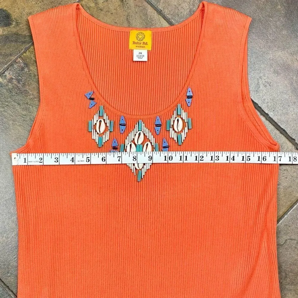 Ruby Rd. Women Orange Ribbed Beaded Tank Top 2X Size XXL - Image 5