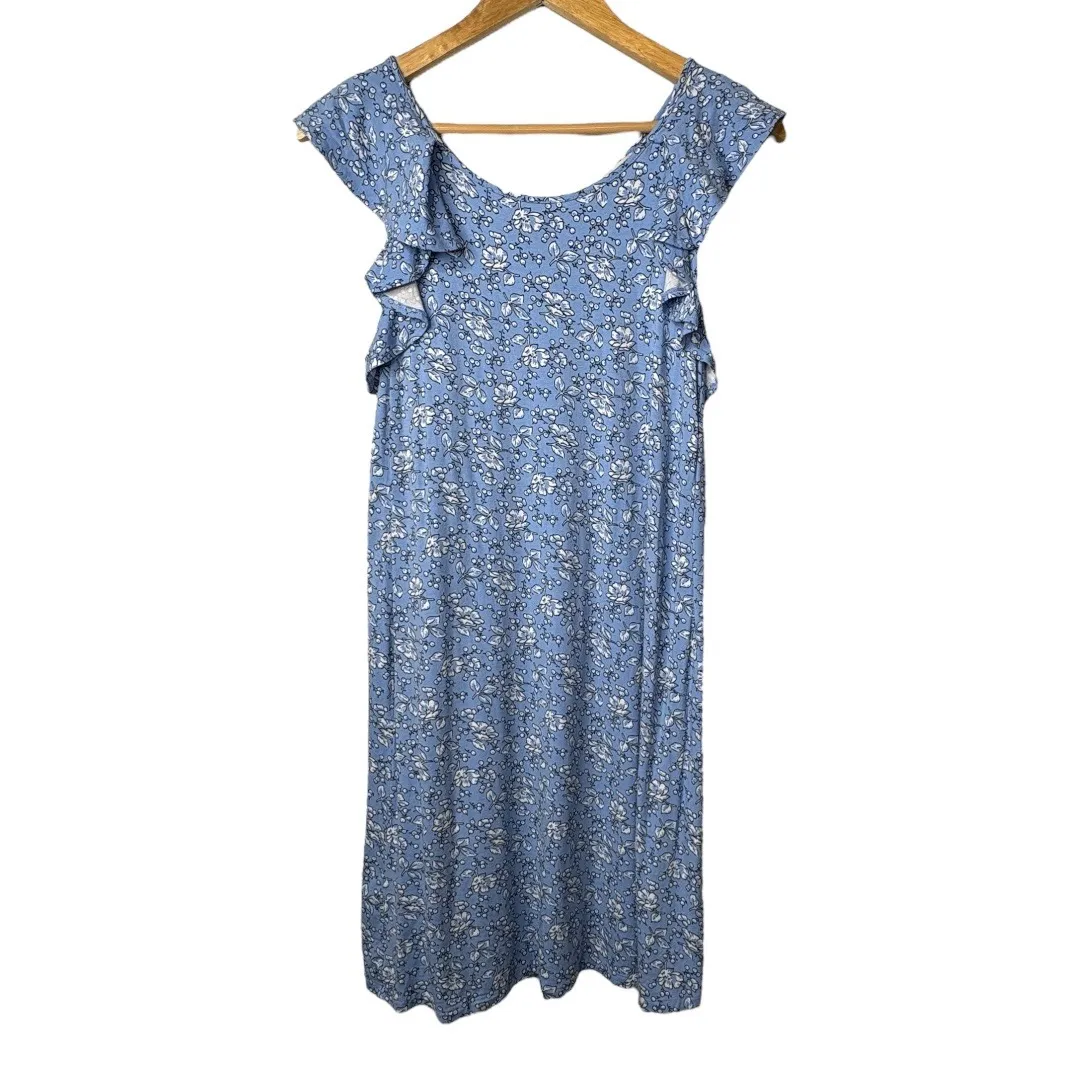 LOFT Floral Ruffle Sleeve‎ Dress Blue White Sleeveless Summer Women Size Small - Image 4
