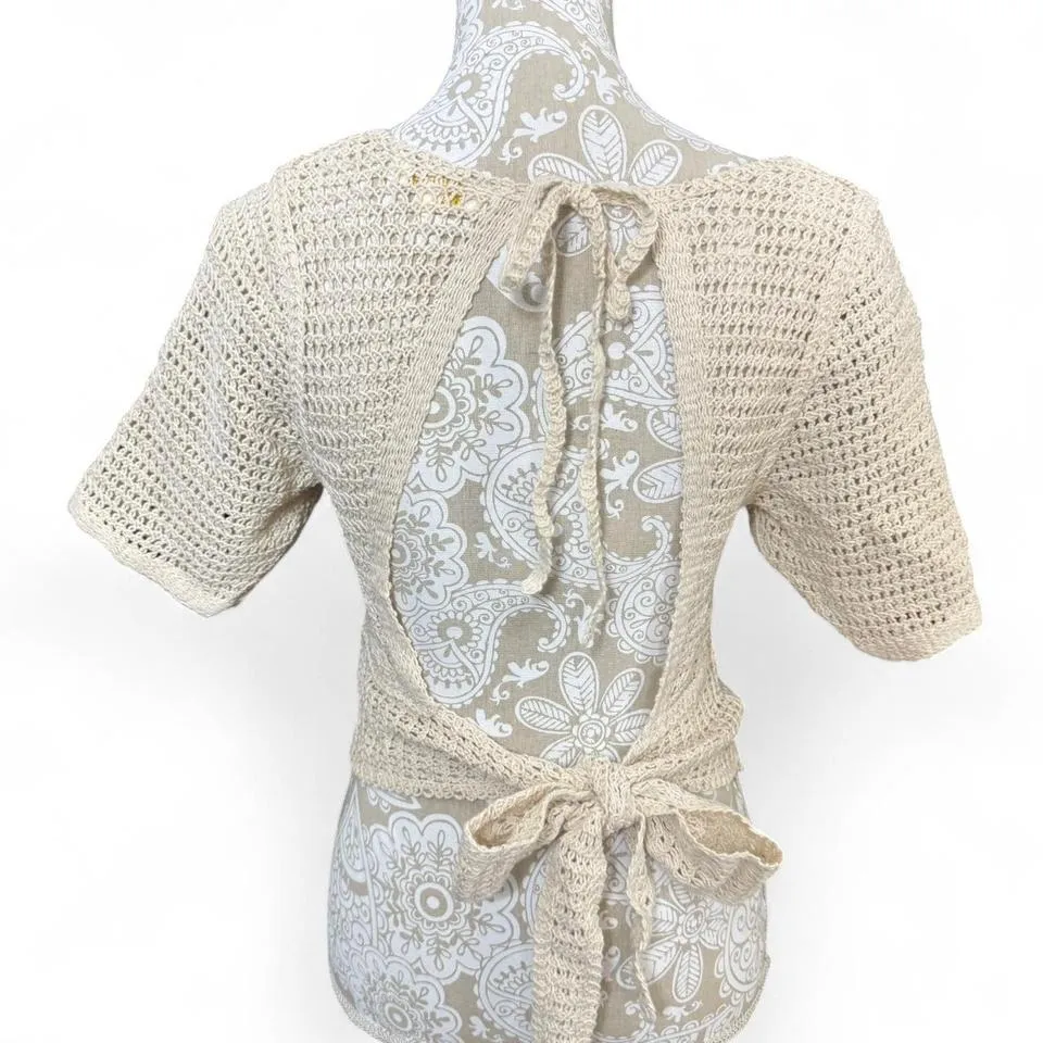 Boho Coastal Cream Cardigan Open Back Bow Ties Coquette Cottage Core Fairy Core - Image 3