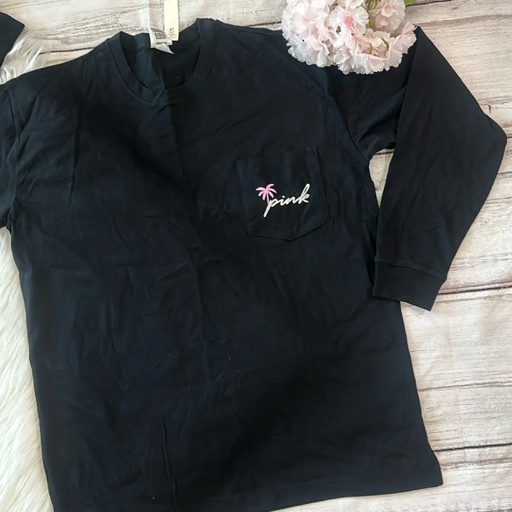 PINK LONG SLEEVE CAMPUS TEE SHIRT BLACK TROPICAL PALM TREES GLITTER BLING - Image 3