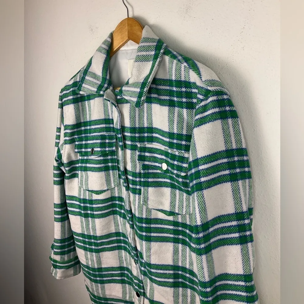 Joie Plaid Flannel Green and White Wool Blend Shacket Jacket Women's Medium‎ - Image 3