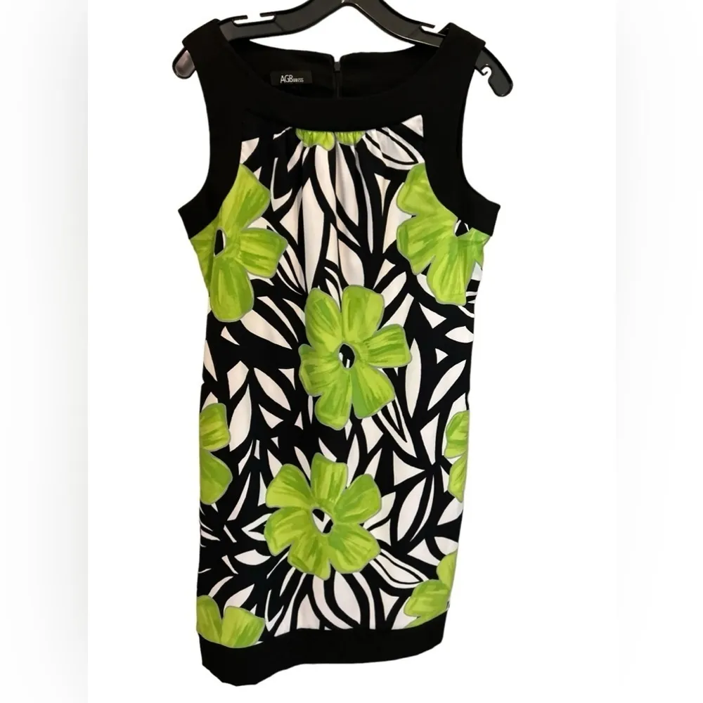 AGB Dress neon‎ green flower in black and white print sleeveless dress size 12 - Image 2