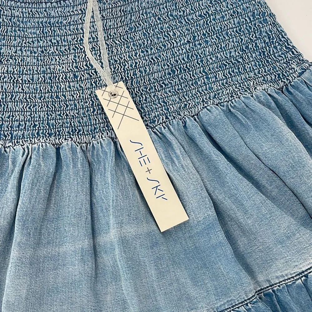 She + Sky Womens Denim Jean Skirt Tiered Chambray Flounce Stretch‎ Blue Small - Image 5