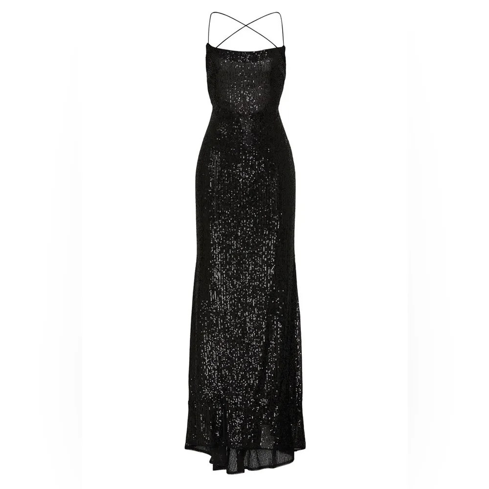 Ieena for  Black Sequin Tie Back Gown Long Dress Open Back Strappy 12P - Image 5