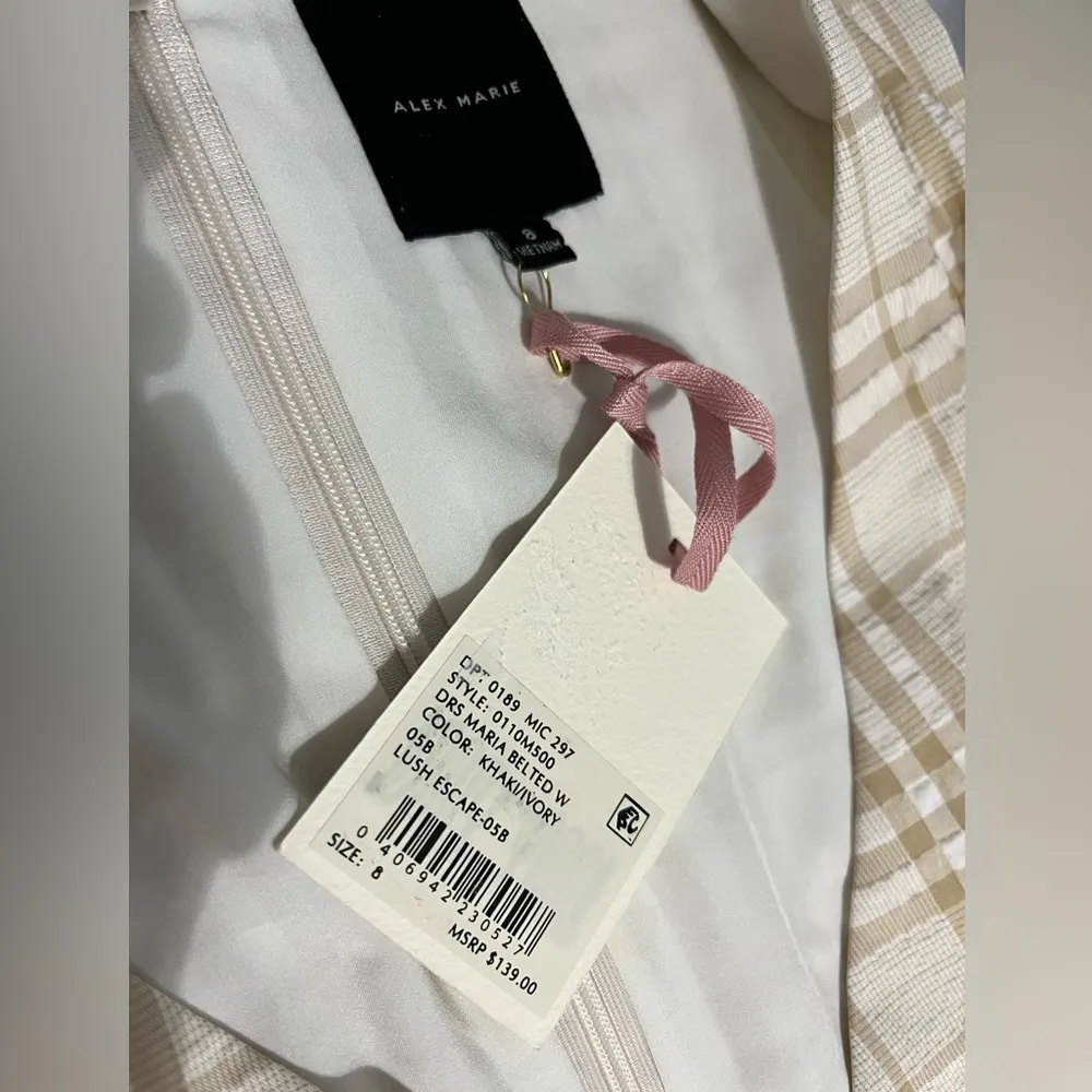 NWT Alex Marie Maria O-Ring Belted Faux-Wrap Dress
Size 8 Khaki Ivory - Image 7