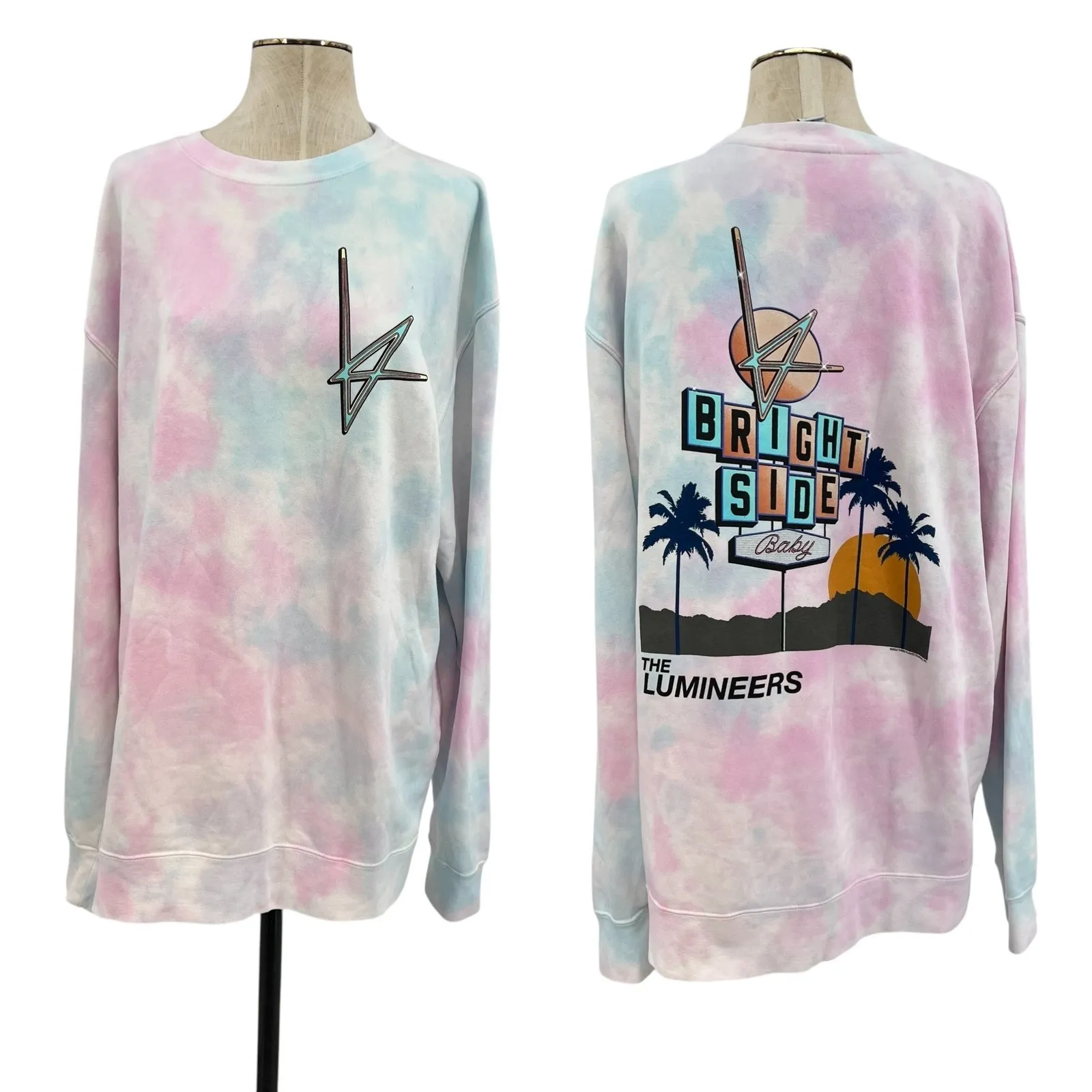 The Lumineers Brightside Roadside Motel Crewneck Sweatshirt Tie Dye Pink Blue XL - Image 2