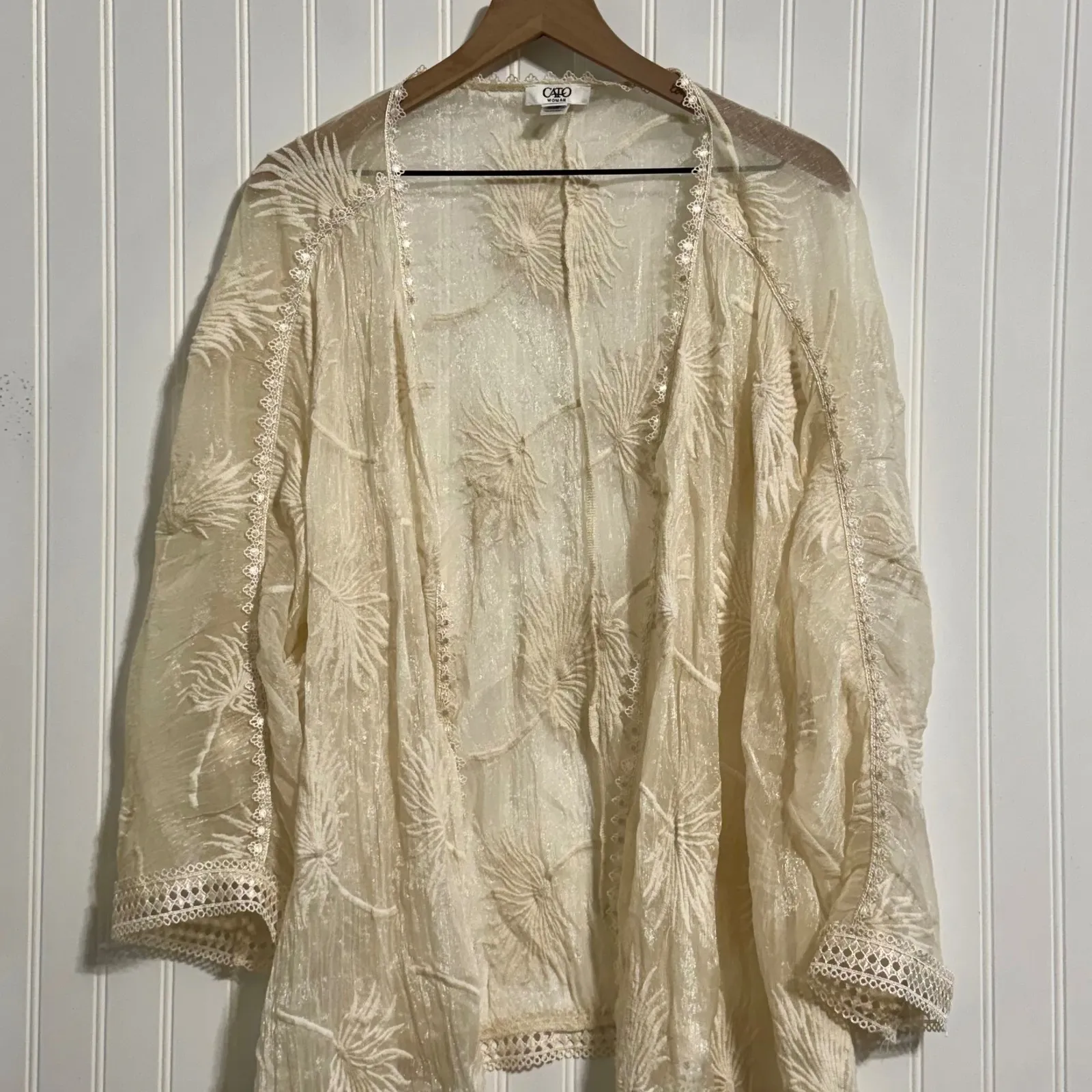 Cato Woman Kimono Cardigan 18/20 Cream Sheer Palm Leaf Lace Coastal Grandma Plus - Image 2