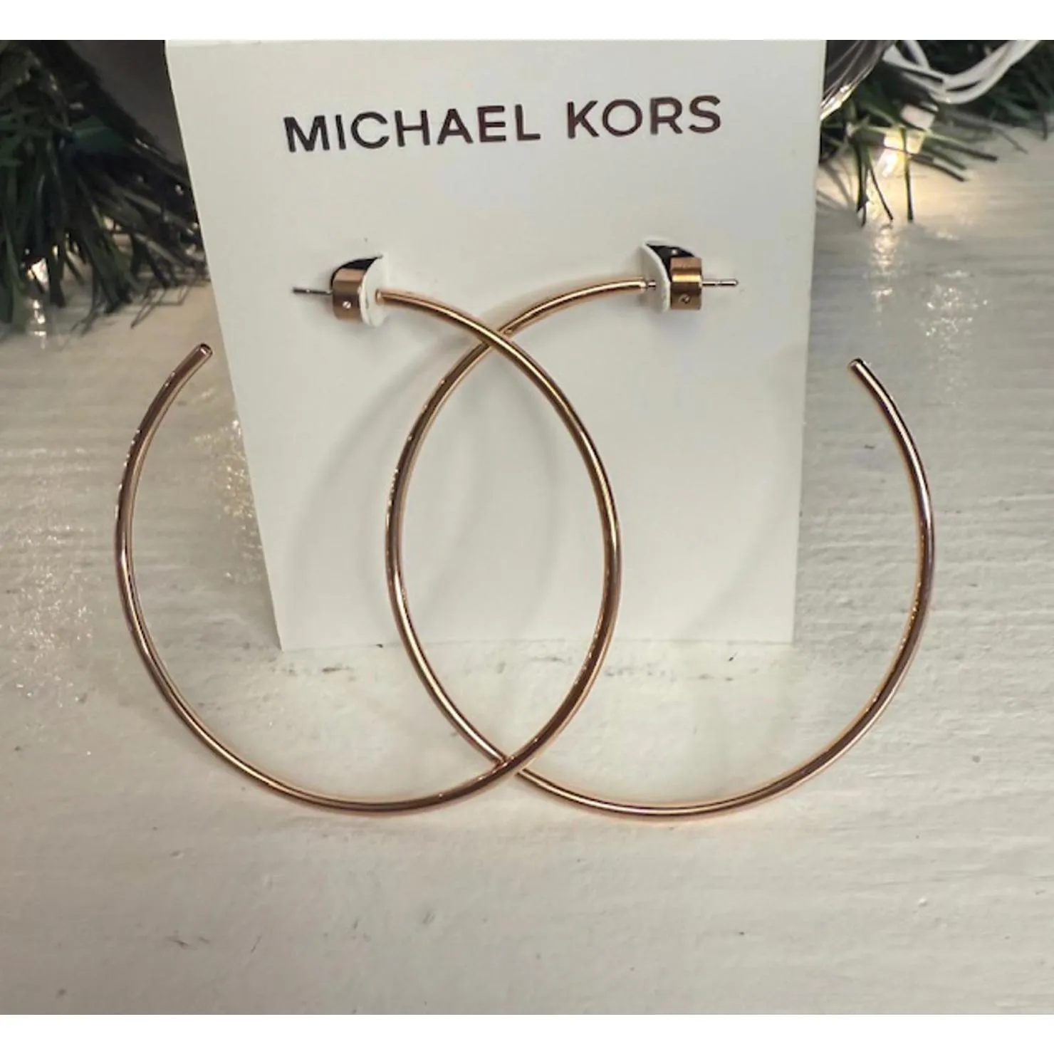 Michael Kors Rose Gold Large Hoop Earrings – Statement MK Logo Stud Backs NWT - Image 3