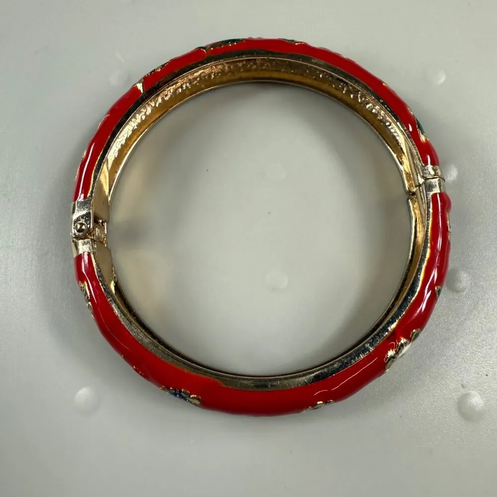 Clamper Style Bracelet Red Color Flower Pattern Accent Multicolor Enamel Painted - Image 4