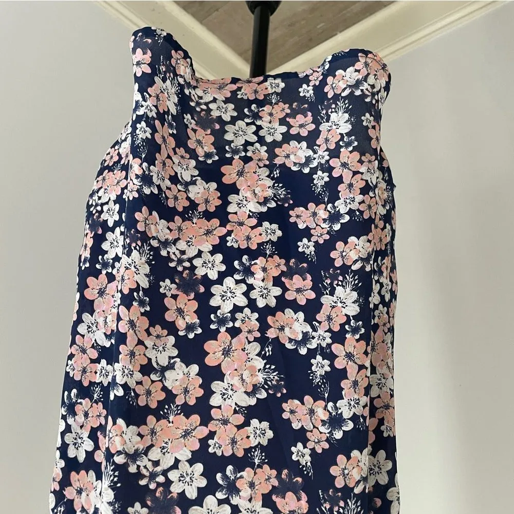 Cotton On Floral Sleeveless Ruched Racerback Blouse Large Navy‎ Pink Cottagecore - Image 6
