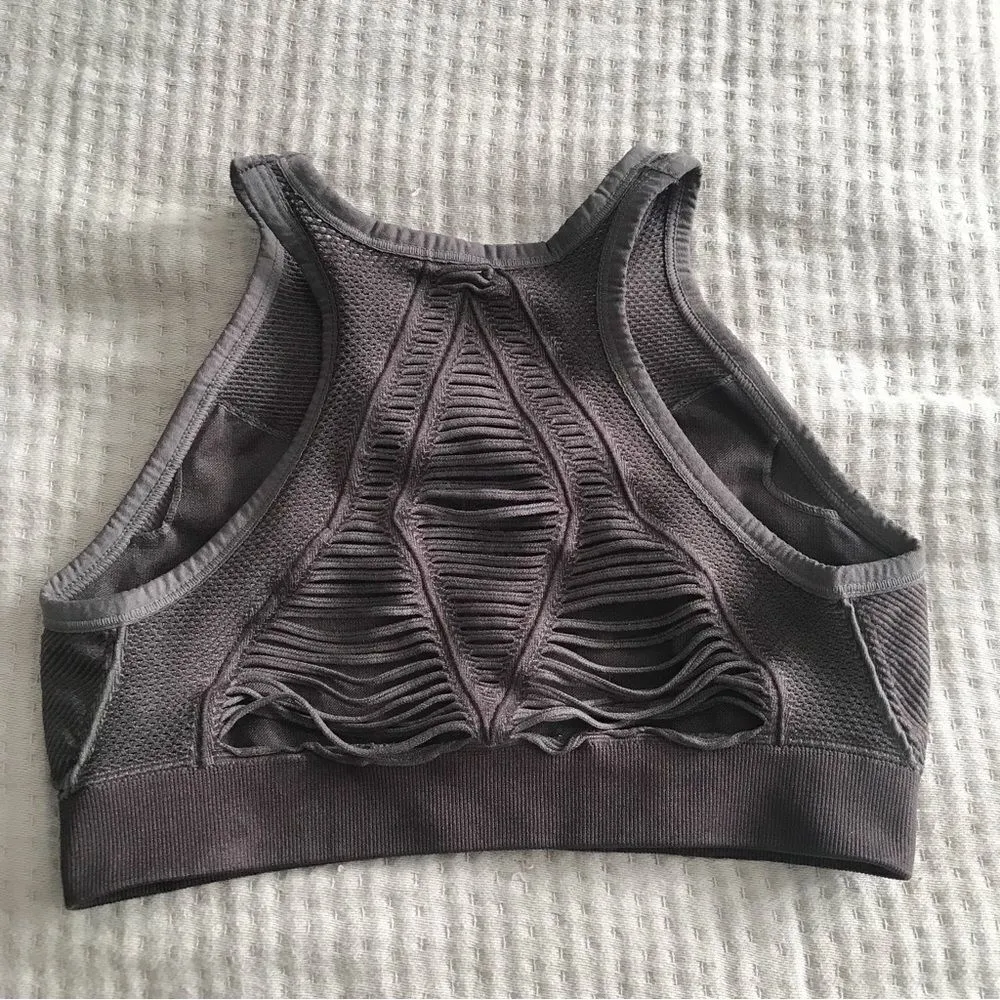 New NUX Racerback Sports Bra High‎ Neck Shredded Cutout Halter Back Gray Small - Image 4