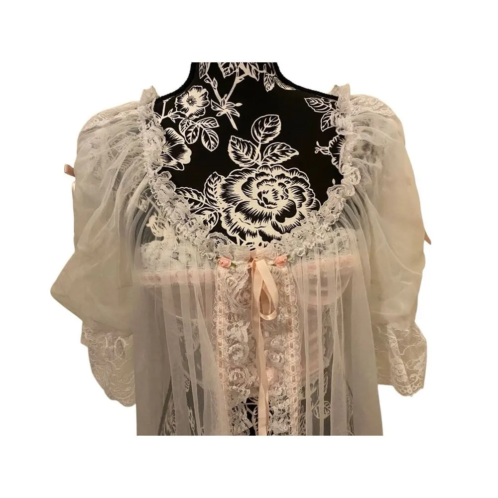 Juliana 2 Pc Lace Peignoir Robe Bralette Set Intimates Sheer Bridal Sexy Sleep White - Image 7