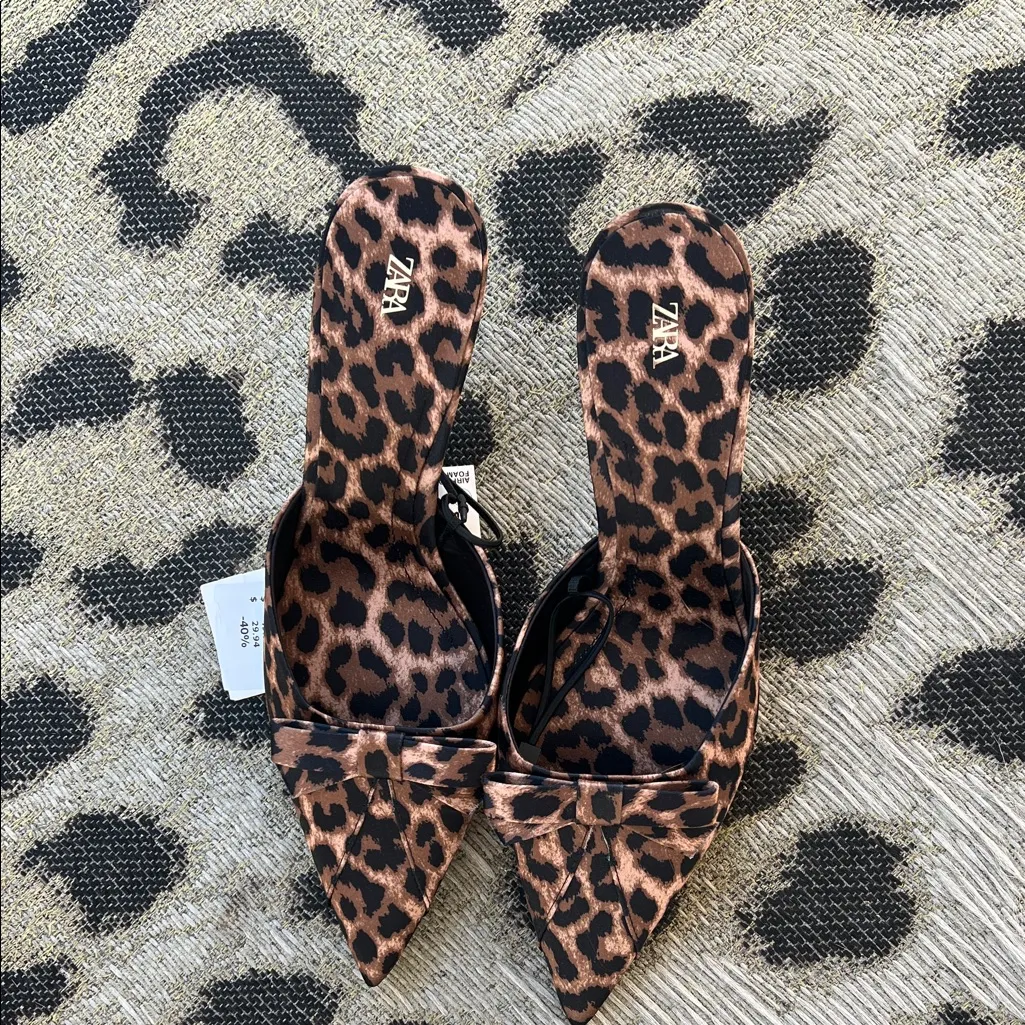 Zara Bow Leopard Animal Print Kitten Heel Mules - Image 5