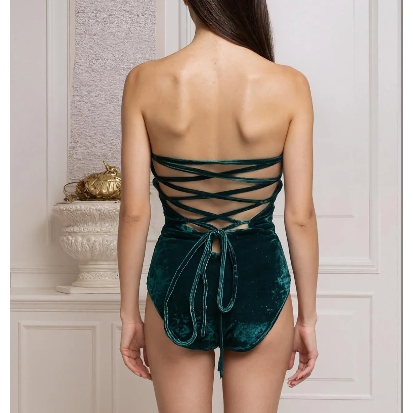 NWT Velvet Sweetheart Neck Strapless Bodysuit Bustier Top Cross Back XL Green - Image 5