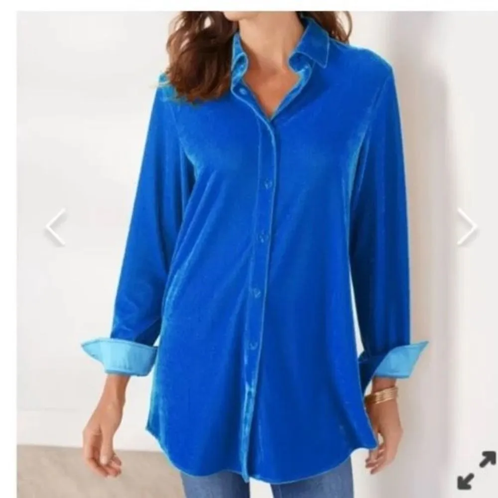 Soft Surroundings Women's Blue Velvet Button Down Shirt - Image 3