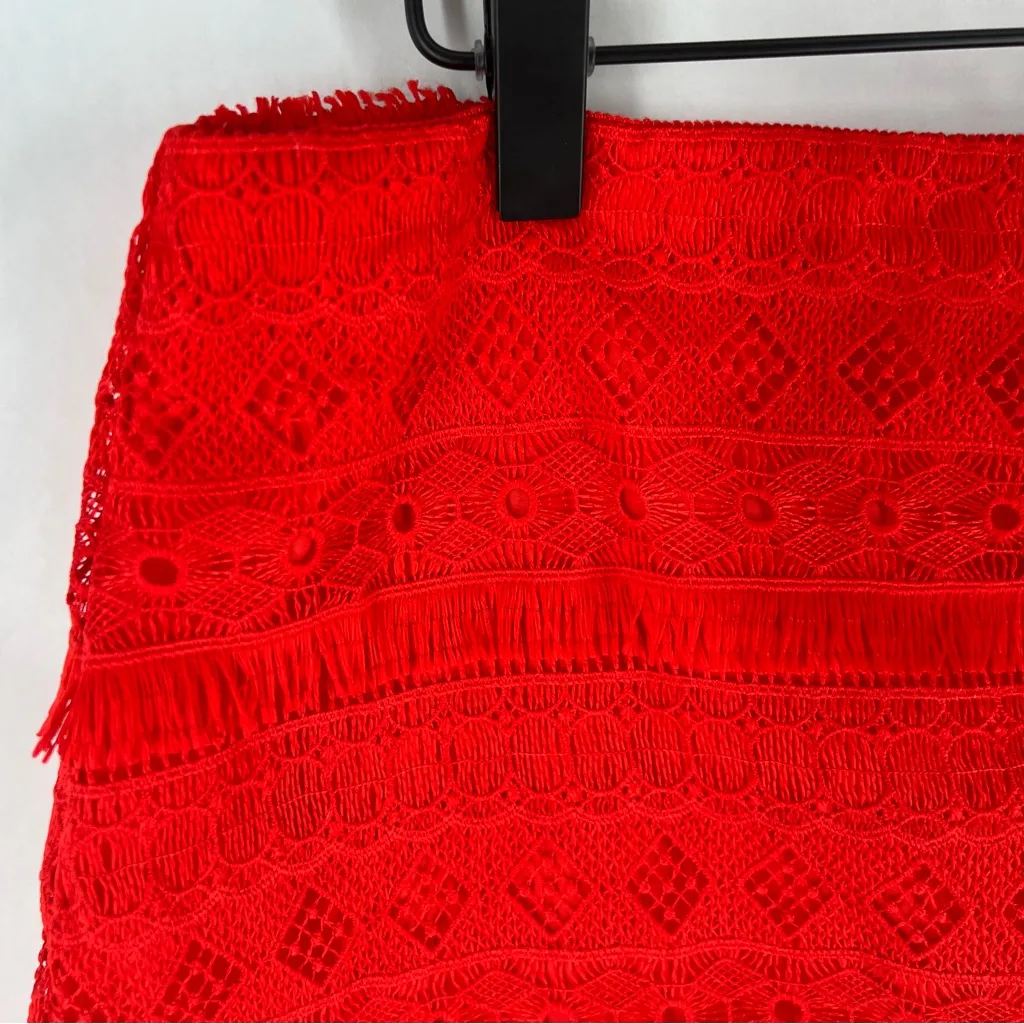 J. Crew‎ Factory Red Fringe Lace Mini Skirt Exposed Zipper Size 12 - Image 3