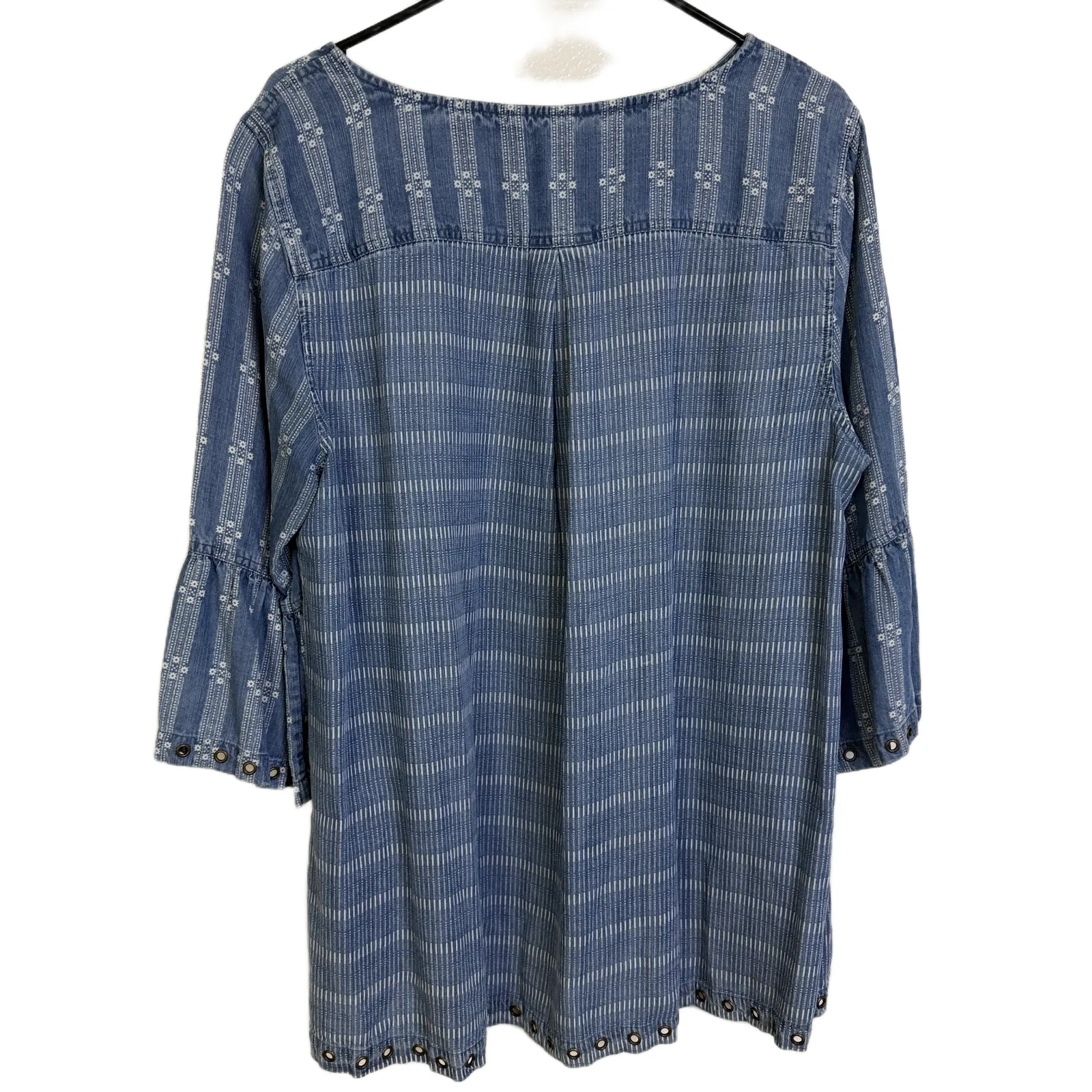 John Mark Denim Top Womens XL Blue Shirt Stripe Floral Bell Grommet Boho Casual - Image 7