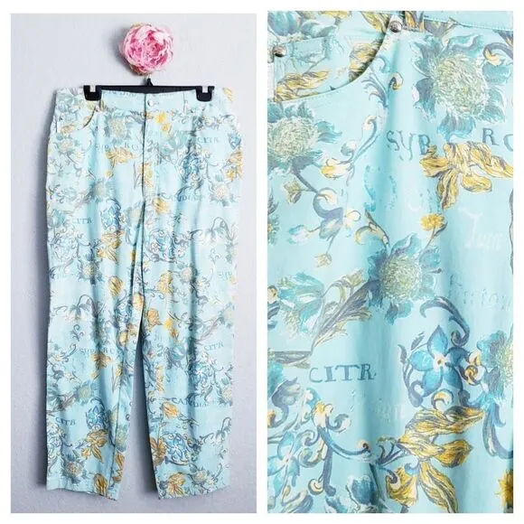VINTAGE Escada Blue Floral Scroll Ankle Pants Yellow Size L - Image 2