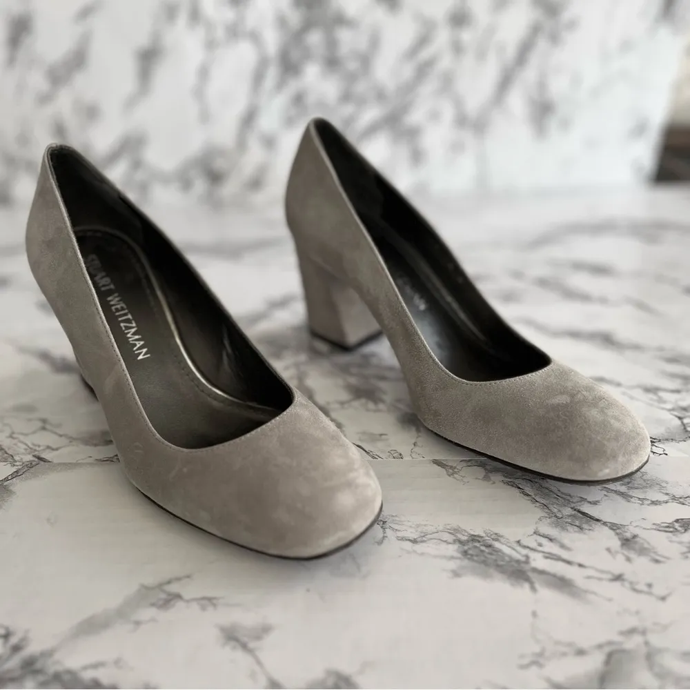 Stuart Weitzman Mary Pumps Suede Block Heel Grey 6W Classic Slip On Round Toe - Image 6