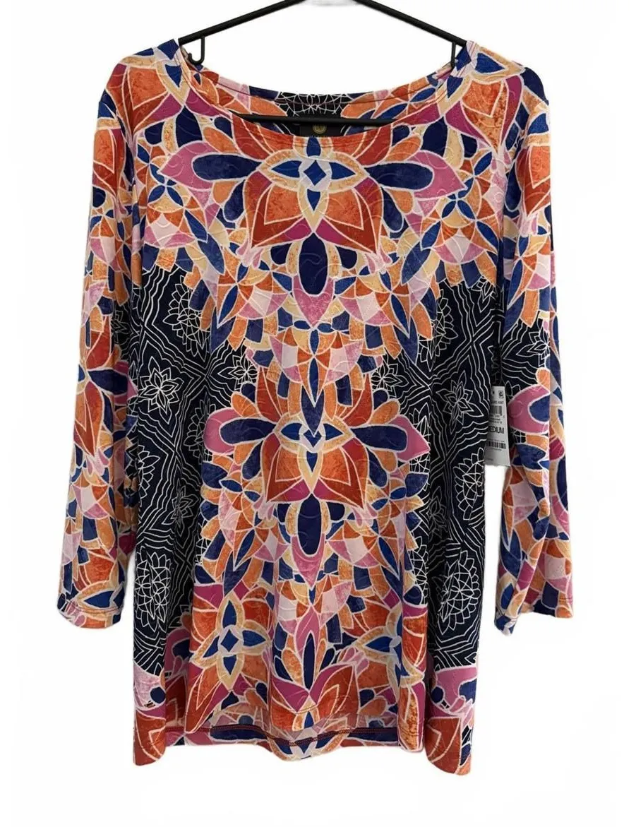 NEW JM Collection Women's Blouse Medium Abstract Geometric Retro Stretch Knit - Image 1