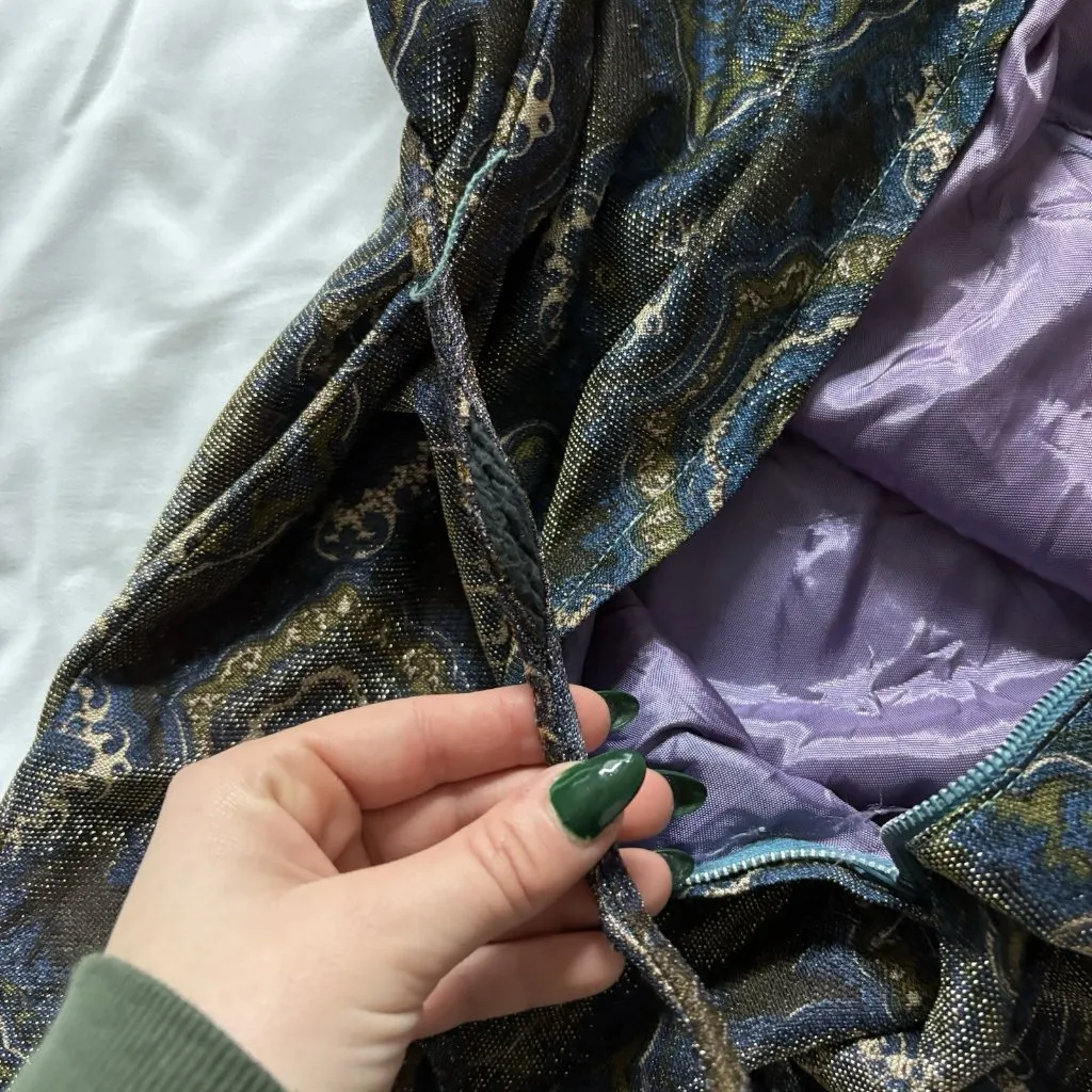 Vintage 70s 80s Metallic Jacquard Dress Blue Gold High Neck Belted Waist Formal Size undefined - Image 10